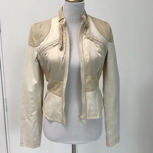 Ivory Moto Style Jacket with Leather Detail